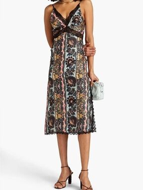 Sandro Multicolor Floral Slip Silk Midi Dress with Black Lace Trim